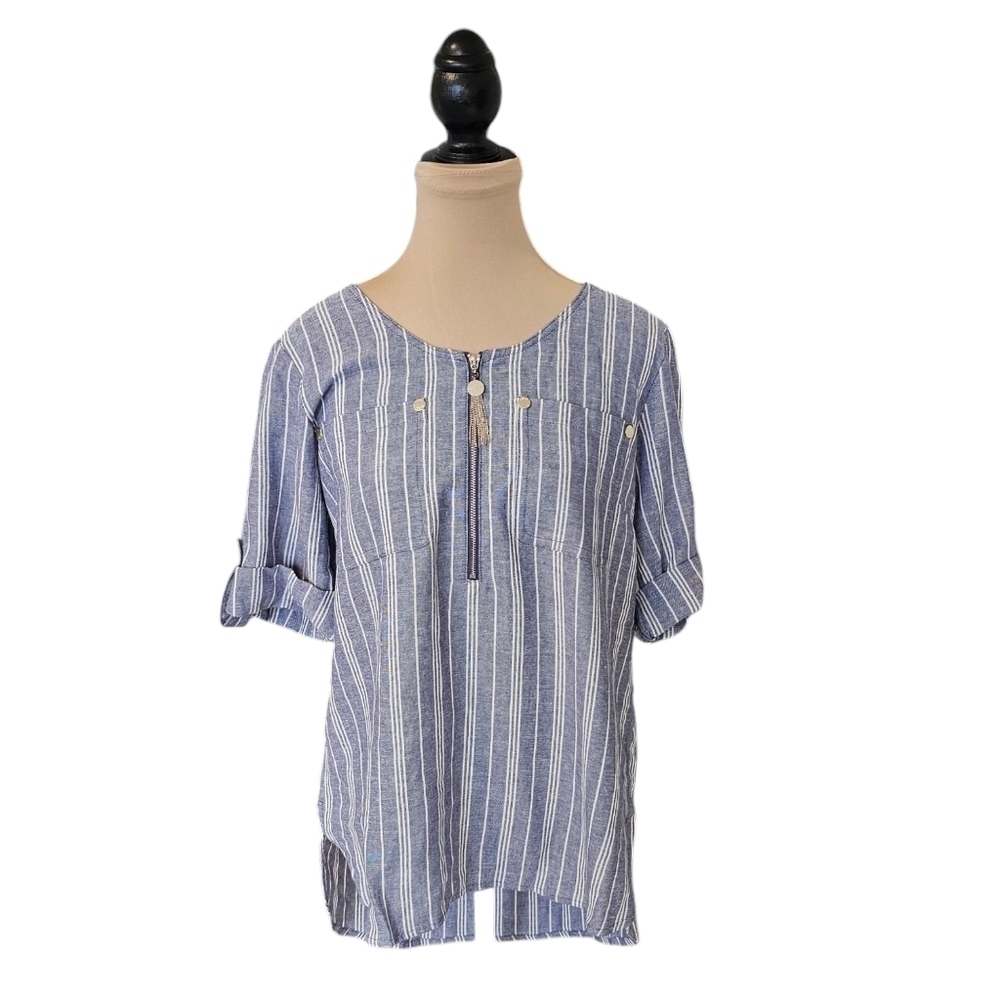 Anne Klein Blue and White Striped Half Sleeve Top Sz S